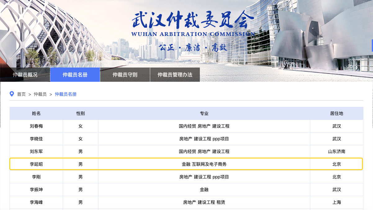 武汉仲裁委员会仲裁员
