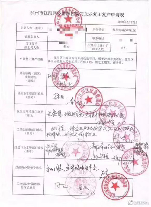 复产申请表